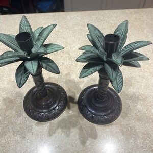 Pair of‎ Brass Decorative Palm Tree Candle Sticks 9 X 5 Made in India 690